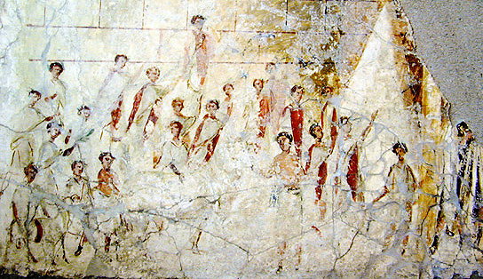 Rzym starożytny - senat - obrazy - Rzymscy senatorowie w purpurowych togach. Compitalia_fresco.jpg