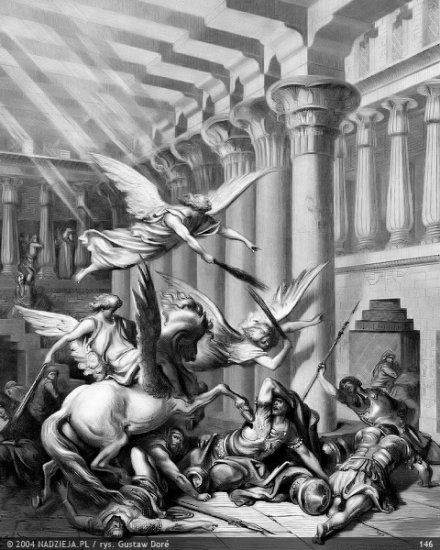 Grafiki Gustawa Dor do Biblii Jakuba Wujka - 146 Aniołowie wypędzają Heliodora ze świątyni 2 Machab. 3,26.jpg